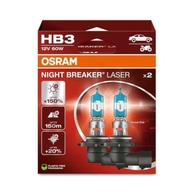 Abbildung von Osram NIGHT BREAKER LASER HB3, +150% mehr Helligkeit, Halogen Scheinwerferlampe, 9005NL 2HB, 12V PKW, Hängebox (2 Lampen), white
