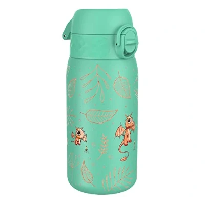 Abbildung von ION8 Kinder Trinkflasche, Edelstahl 400ml, Auslaufsicher, Einhandöffnung, Sichere Verriegelung, Spülmaschinenfest, Klappdeckel, Tragegriff, Leicht zu Reinigen, Langlebig, Ei Zum Drachen Design