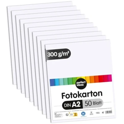 Abbildung von perfect ideaz 50 Blatt Fotokarton DIN A2, Weiß, stabiler recycling Karton 300 g/m², Made in Germany, Blauer Engel zertifiziert (1 x (50 Blatt))