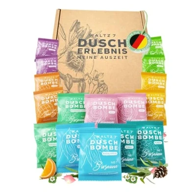 Abbildung von WALTZ 7 Duschbomben Set, 48 Stück Vorteilspack, 8 Düfte, Premium Wellness Geschenk für Frauen, Männer, natürliche ätherische Öle, Geburtstagsgeschenk Idee Freundin, Mama, Papa