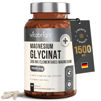 Abbildung von Magnesium Glycinat Kapseln 180, 1500mg Pure, Bisglycinat (Mit Pulver), 300mg Elementares Magnesium, VitaBright Hochdosiert