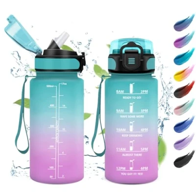 Abbildung von Trinkflasche Kinder 500ml, Wasserflasche mit Strohhalm, Auslaufsicher Kohlensäure Geeignet, Motivierende Zeitmarkierung, für Gym, Schule, Camping, Kinder, Büro