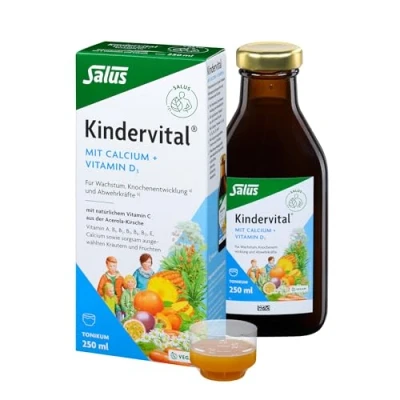 Abbildung von Salus Kindervital mit Calcium + Vitamin D3 1x 250 ml Tonikum für Wachstum, Knochenentwicklung a) und Abwehrkräfte b) 9 Vitaminen vegan