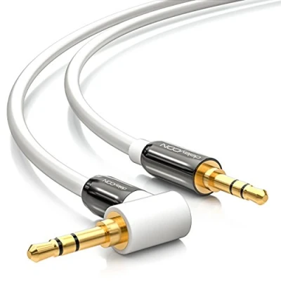 Abbildung von deleyCON 1m Klinkenkabel 3,5mm AUX Kabel Stereo Audio Klinkenstecker 1x 90 gewinkelt für PC Laptop Handy Smartphone Tablet KFZ HiFi Receiver Weiß