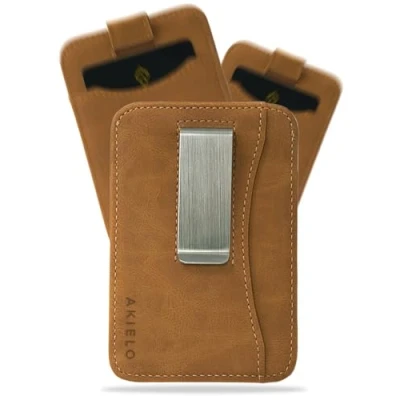 Abbildung von AKIELO Kartenetui mit RFID Schutz, Geldklammer und Geschenkbox Minimalistisch Herren Geldbörse Kompakte Schlanke Wallet (Charlie Hellbraune Ausgabe Geldklammer)