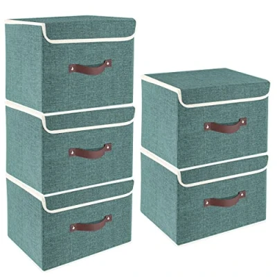 Abbildung von TYEERS Faltbare Aufbewahrungsbox mit Deckel, Stoff, Waschbare, Kisten Aufbewahrung 38x25x25 cm, 5 Stück, Aqua Deep