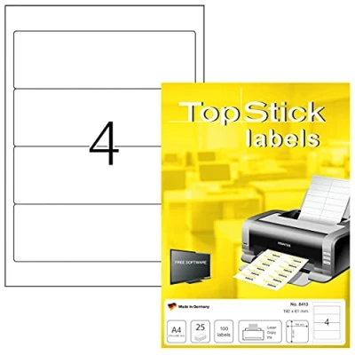 Abbildung von TopStick 8413 Ordnerrücken Etiketten breit kurz, 25 Blatt, 192 x 61 mm, 4 pro A4 Bogen, 100 Stück, selbstklebend, bedruckbar, blickdicht, blanko Papier Ordneretiketten Rückenschilder Aufkleber, weiß