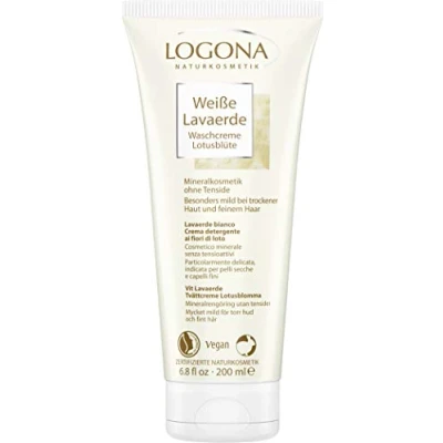 Abbildung von LOGONA Naturkosmetik Weiße Lavaerde Waschcreme, Cremig mit Lotusextrakt, Ghassoul, Porzellan Tonerde für Haar &amp; Körperpflege, Natürlich Vegan, Ohne Tenside, 200ml