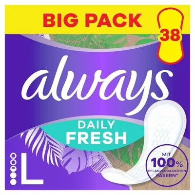 Abbildung von Always Daily Fresh Slipeinlagen Long, mit 100% pflanzenbasierten Fasern, 38 Stück, ohne Duft, bis zu 12 Stunden Schutz, Duft