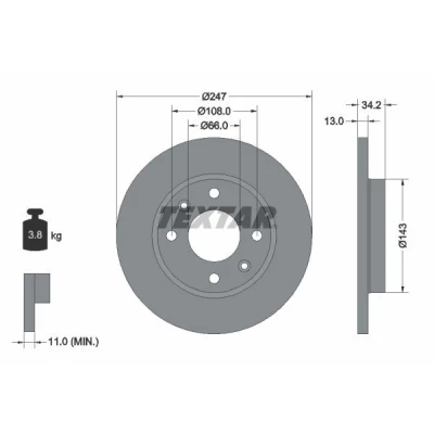 Abbildung von TEXTAR PRO 92092803 Bremsscheibe 247 13 04/06 108 voll beschichtet ohne Radbefestigungsbolzen, Radnabe PEUGEOT: 206 Hatchback, 206+ Hatchback