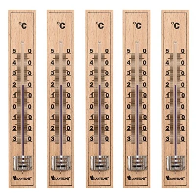 Abbildung von Lantelme 5 Stück Innen Außen Thermometer Set Holz 17cm Analog aus deutscher Herstellung Buchenholz auch für Garten und Zimmer Gartenthermometer (5)