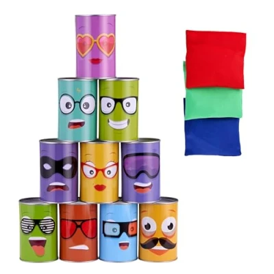 Abbildung von THE TWIDDLERS 13 Teilige Dosenwerfen Partyspiele für Kinder 10 Blechdosen &amp; 3 Wurfsäckchen mit Geschenkbox Gartenspiele, Kindergeburtstag Partys