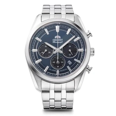 Abbildung von Orient Stretto Solar Chronograph, 43 mm, marineblaues Zifferblatt, Stahlband, Herrenuhr RA TX0303L10B sollte sagen: Chronograph 40 mm Zifferblatt Stahlband