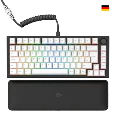 Abbildung von Glorious Gaming GMMK PRO 75% Modulares mechanisches Keyboard, TKL, Grundgerüst 1,5 kg, voll anpassbar, Spiralkabel, Handgelenkablage, PBT Tastenkappen, Deutsch QWERTZ Layout Schwarz
