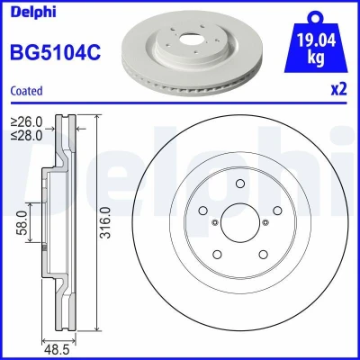 Abbildung von DELPHI BG5104C Bremsscheibe 316 28 5 Belüftet beschichtet unbehandelt ohne Radlager, ABS Sensorring
