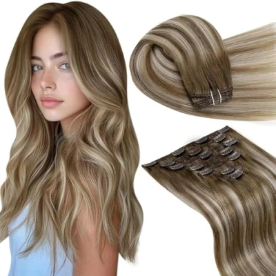 Abbildung von LaaVoo Extensions Echthaar Clip Balayage 50cm Remy Haarverlängerung in Blond Doppelt Tressen Braun 105g 7Stück