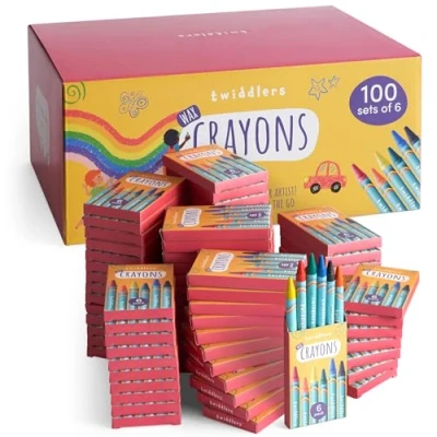 Abbildung von THE TWIDDLERS 100 Boxen Wachsmalstiften (600 Stück), 6 Farben Gastgeschenke, Mitbringsel, Mitgebsel für Kindergeburtstag, Kindergarten, Grundschule