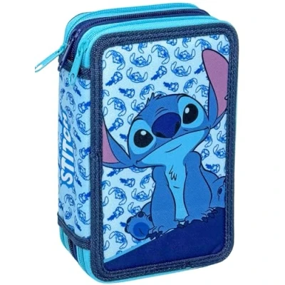Abbildung von 3 Fach Federmäppchen für Stitch Fan 44 teilig, komplett gefüllt, inklusive Stifte, Bleistifte, Filzstifte, Buntstifte, Scheren Grundschule und Geschenk Offizielles Gadget Kinder