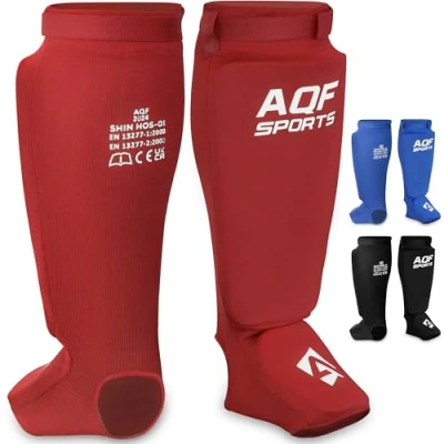 Abbildung von AQF Schienbeinschoner Kickboxen CE UKCA SATRA Genehmigt Muay Thai Schienbeinschützer Eva Gepolstert MMA Spannschützer Bein Unterstützung Fuß Shin Guard für Karate, Kampfsport (Blau, S)