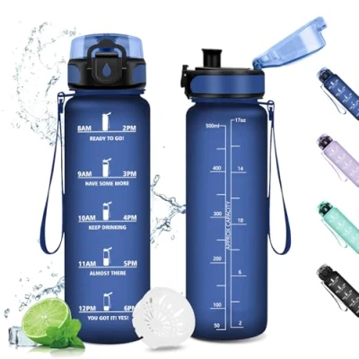 Abbildung von Trinkflasche 500ml, Wasserflasche Auslaufsicher, Sport, Kohlensäure Geeignet, mit Zeitmarkierungen, Sportflasche für Kinder, Gym, Scuola, Ciclismo, Outdoor