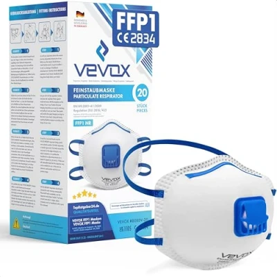 Abbildung von VEVOX® FFP1 Atemschutzmasken Im 20er Set mit Komfort Plus Abdichtung Staubschutzmaske Ventil Für den zuverlässigsten Schutz