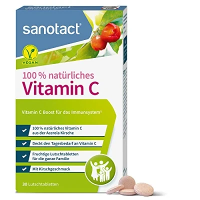 Abbildung von sanotact Vitamin C (30 Lutschtabletten) Acerola Tabletten vegan 100% natürliches für Kinder &amp; Erwachsene Hochdosiertes aus Kirsche Immunsystem stärken