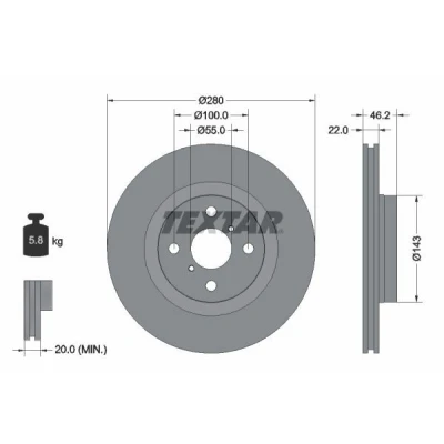 Abbildung von TEXTAR PRO 92287603 Bremsscheibe 280 22 04/06 100 innenbelüftet beschichtet ohne Radbefestigungsbolzen, Radnabe TOYOTA: Yaris III Hatchback