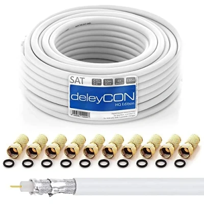 Abbildung von deleyCON HQ 10m SAT Koaxial Kabel 130dB 4 fach geschirmt für DVB S S2 T und C Stahl/Kupfer Innenleiter 4K 1080p FULL HD HDTV inkl. 10x vergoldete F Stecker