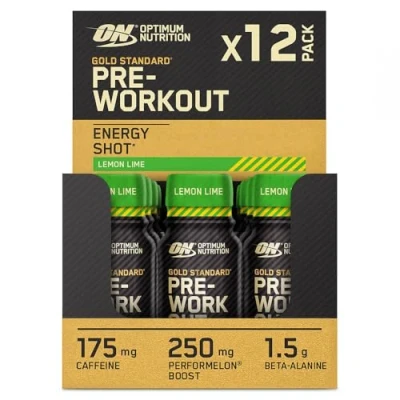 Abbildung von Optimum Nutrition Gold Standard Pre Workout Energy Shot, trinkfertig mit Beta Alanin, Koffein, PerforMelon Boost und Vitamin B6 B12, Zitronen Limetten Geschmack, 12er Pack, 12 x 60 ml