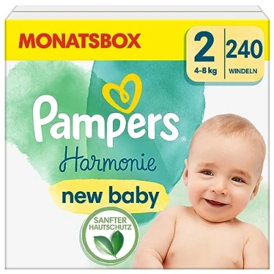 Abbildung von Pampers Baby Windeln Größe 2 (4 8 kg) Harmonie, HALBMONATSBOX, Sanfter Hautschutz Und Pflanzenbasierte Inhaltsstoffe, 240 Stück
