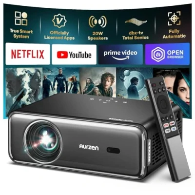 Abbildung von Aurzen Smart Beamer mit DoIby Audio ＆ 4K Unterstützung, 2025 Neuer Projektor Full HD 1080P, Autofokus Trapezkorrektur, 2x10W Lautsprechern, WiFi Bluetooth, Heimkino für Android/iPhone