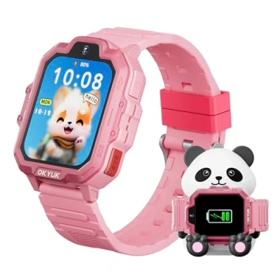 Abbildung von OKYUK T17 Smartwatch Kinder, 4G Kinder mit GPS &amp; Videoanruf, SOS Notruf, Sprachchat, SMS, Schulmodus,Spiele Panda Ladestation, Kinderuhr für Mädchen und Junge (Rosa)