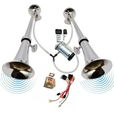 Abbildung von YIYIDA Air Horn Autohupe Lufthorn LKW hupe Chrom Zink Elektrisches Auto Trompete Silber 12V Car Hoch und Tief Ton Wasserdichtes doppeltes Rohr Lautsprecher für Yacht etc