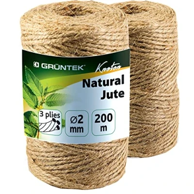 Abbildung von GRÜNTEK Juteschnur 2mm Dicke, Jutegarn Gartenschnur, 2 Kordel Rollen je 100m, 100% Bindegarn, Bastelschnur Naturfarbe, nachhaltige Paketschnur