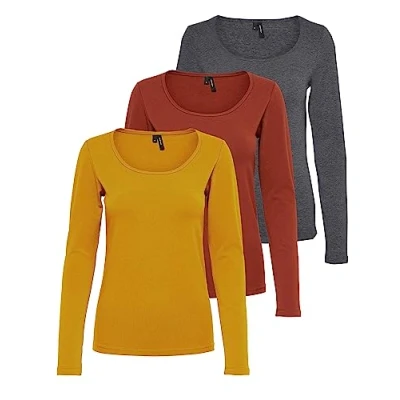 Abbildung von VERO MODA Damen VMMAXI My LS Soft UNECK NOOS 3 Pack, Golden Yellow/Burnt Henna &amp; DG, S