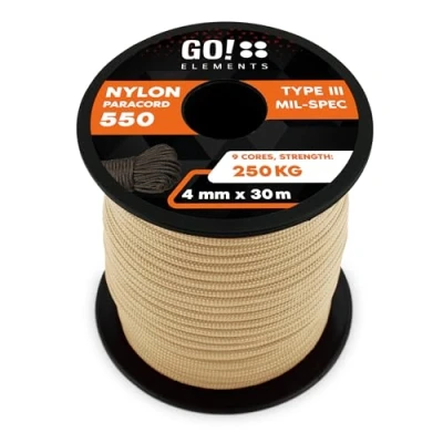 Abbildung von GO!elements 30m Paracord Seil aus reißfester Nylonschnur 4mm 550 Typ III Schnur Allzweckseil &amp; Reepschnur Max. 250kg, Farbe:Sand