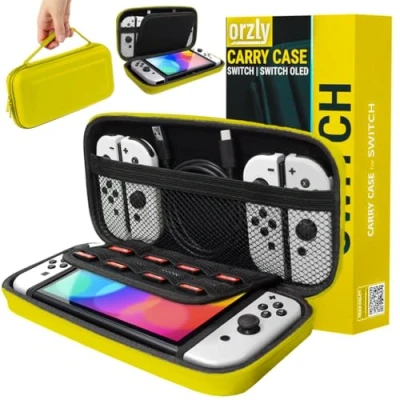 Abbildung von Orzly Tragetasche kompatibel mit Nintendo Switch Aufbewahrungstasche / Hartschalen Case/Cover/Hülle/Schutzhülle für die Verwendung der Konsole &amp; Accesoires in GELB
