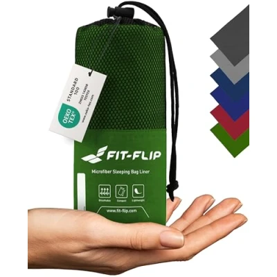 Abbildung von Fit Flip Hüttenschlafsack Ultraleicht, Mikrofaser Schlafsack Inlay mit extra Kissenfach, Inlett seidig weich, Reiseschlafsack als auch Innenschlafsack, Moosgrün