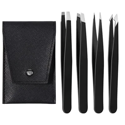 Abbildung von 4 Stück Pinzetten Set, Brencco Präzisions Edelstahl, Profi Augenbrauenpinzette mit Anti Rutsch Beschichtung, für Augenbrauen, Wimpern, eingewachsene Haare, Barthaare