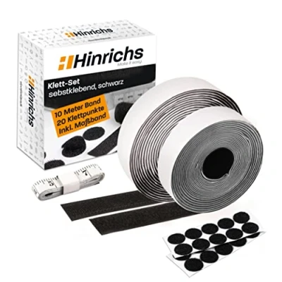 Abbildung von Hinrichs Klettband Set schwarz 10m x 2cm selbstklebend extra stark + 20x Klettpunkte Ø Klettverschluss Klebeklett Klettstreifen Inkl Maßband