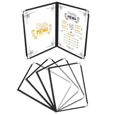 Abbildung von Belle Vous Doppelt Faltbare A4 Menükartenhalter (5 Stk) Speisekartenmappe Speisekarten Hülle 2x Faltbar Klarsichthülle Faltmappe Schwarz mit Eckenschutz für Restaurant, Bar, Cafe, Menü, Weinkarte
