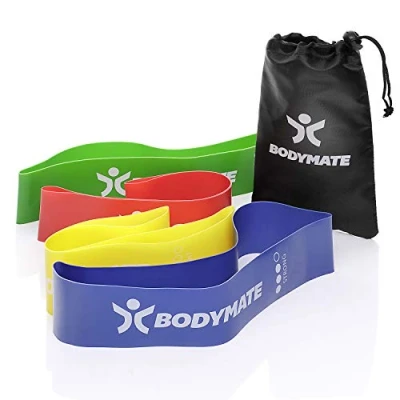 Abbildung von BODYMATE Fitnessbänder Set mit 4 Stärken und Transporttasche 60cm Umfang x 5cm breit Gymnastikband, Fitnessband, Band Loops aus Naturlatex Widerstandsbänder Funktionelles Training