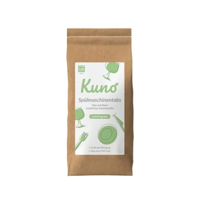 Abbildung von Kuno Spülmaschinentabs 120 Tabs Biologisch abbaubar und ohne Plastik Effektive Reinigung Frischer Lemongrass Duft (1er Pack, 120, stück)