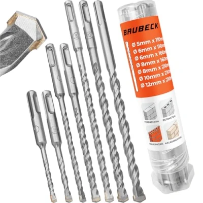 Abbildung von BAUBECK SDS Plus Bohrer Set für Beton [7tlg Ø5 12 bis zu 210mm lang] Langlebig und Robust aus 40CR Stahl Präzise Ergebnisse Schlagbohrer Stein Betonbohrer