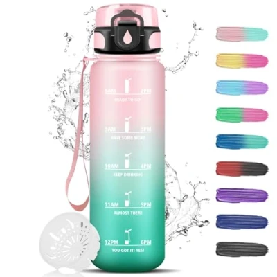 Abbildung von Trinkflasche 1L, Sport mit Filter, Wasserflasche Auslaufsicher, Kann dir tragen, Zeitmarkierung, Erwachsene für Fitness, Schule, Camping, Rosa Cyan