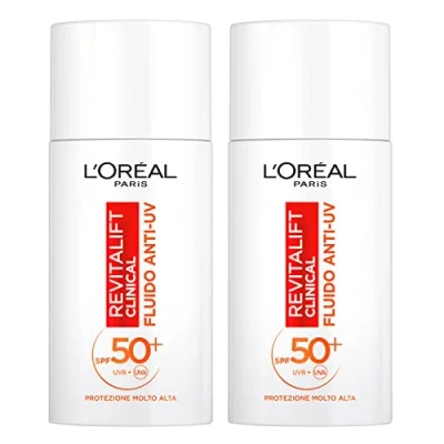 Abbildung von L&#039;Oréal Paris Revitalift Clinical Anti UV Gesichtsflüssigkeit SPF 50+ Sonnenschutz mit Netlock Technologie Formel Vitamin C Antioxidant und Aging Wirkung Ultraleicht 2 Flaschen à 50 ml