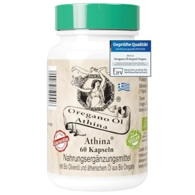 Abbildung von Athina® Oregano Öl Vegan Bio 1 x 60 Kapseln I 100 mg Wildes Berg Origanum vulgare hirtum aus Griechenland 80% Carvacrol Reine &amp; natürliche Zutaten Führender Hersteller