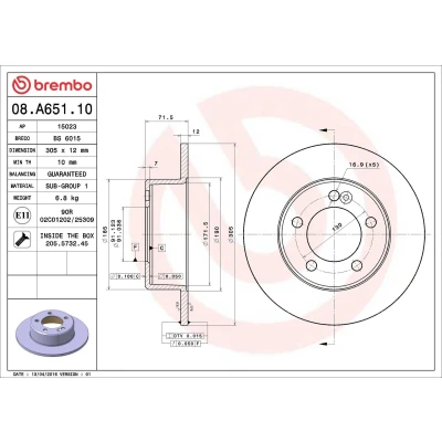 Abbildung von BREMBO 08.A651.10 Bremsscheibe 305 12 5 voll mit Schrauben RENAULT: MASTER 3 Kasten, 3, OPEL: Movano B Van, Platform / Chassis