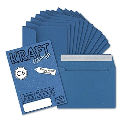 Abbildung von 25x Briefumschläge DIN C6 Kraftpapier Blau Vintage Recycling Kuverts mit Haftklebung 114 x 162 mm