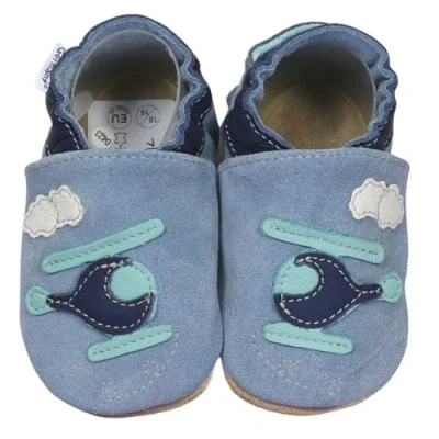Abbildung von HOBEA Germany Krabbelschuhe für Jungs und Mädchen in verschiedenen Designs, Kinderhausschuhe Jungen, Lederschuhe, Schuhgröße:20/21, Modell Schuhe: Hubschrauber hellblau